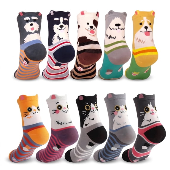 TieaTize 10 Pairs Womens Cute Socks, Cotton Crew Socks Cat Dog Cartoon Animal Print, Funny Novelty Soft Socks for Women Girl Gift