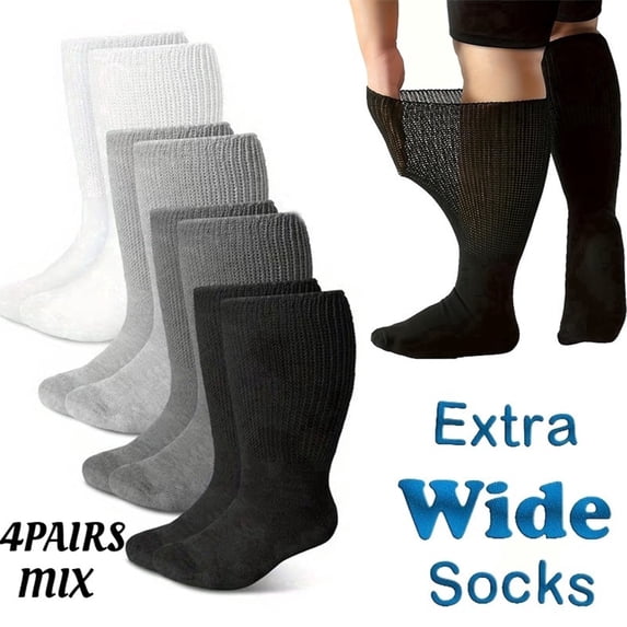 TieaTize 4 Pairs Diabetic Socks for Women Men, Extra Wide Non Binding Stretch Top, Lymphedema Swollen Feet Leg Bariatric Cast Boot Sock, Neuropathy Swelling Soft Loose Fit