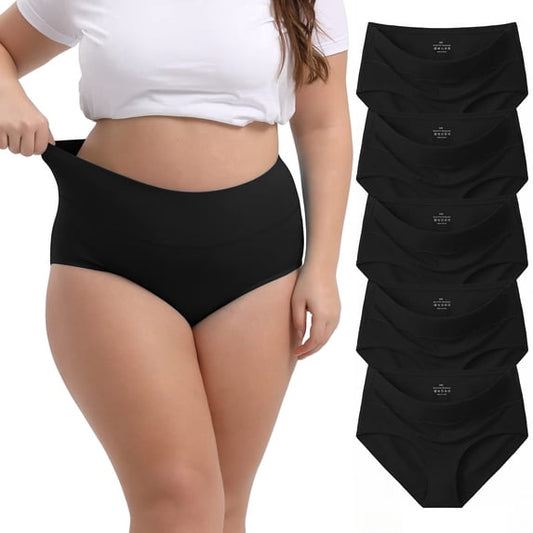 TieaTize 5 Pack Womens Plus Size Underwear, High Waisted Cotton Briefs, Tummy Control Seamless Full Coverage Panties, Soft Breathable Stretch No Ride Up Everyday Ladies Panty Set