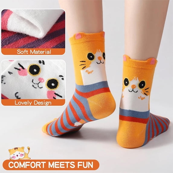 TieaTize 10 Pairs Womens Cute Socks, Cotton Crew Socks Cat Dog Cartoon Animal Print, Funny Novelty Soft Socks for Women Girl Gift